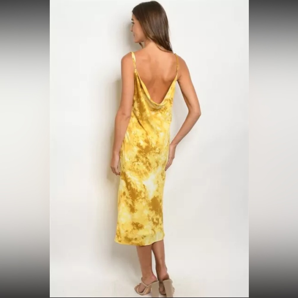 Yellow Tie Dye Midi Pencil Dress Adjustable Spaghetti Straps Lined - Picture 2 of 4